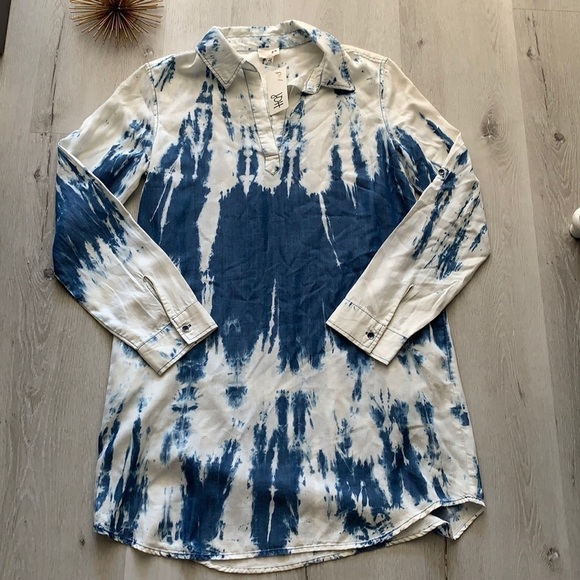 Joh Denim Tye Dye Dress tunic size Large pockets roll up sleeves lightweight - Picture 1 of 13